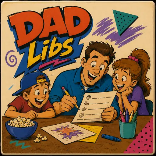 DadLibs cover art: a family making silly stories together